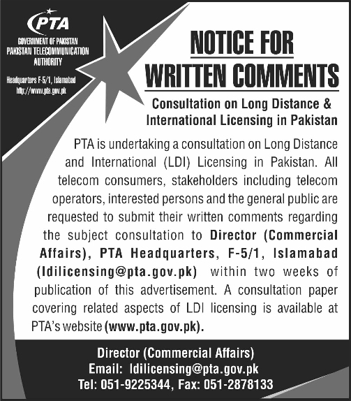 Notice for Written Comments on Consultation on Long Distance & International Licensing in Pakistan