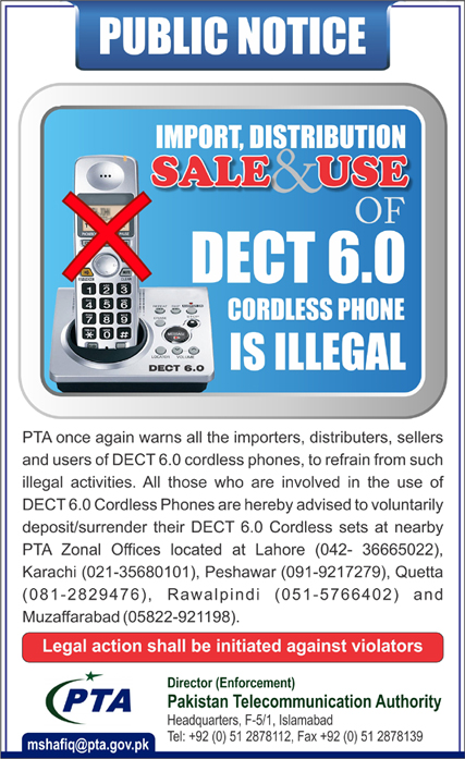 Public Notice - Import, Distribution, Sale & Use of DECT 6.0 Cordless Phone is Illegal