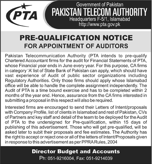 Pre-Qualification Notice For Appointment of Auditors