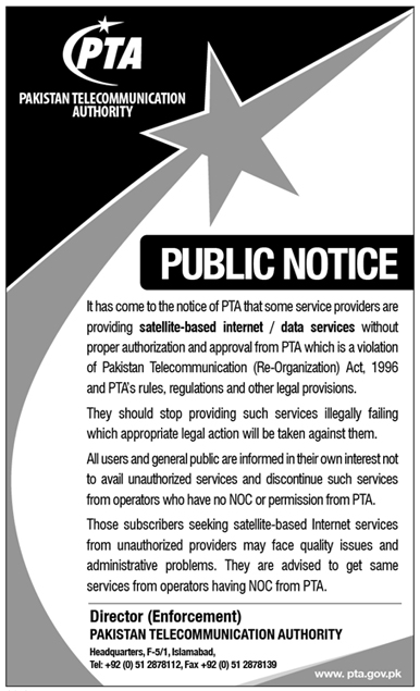 Public Notice-Pakistan Telecommunication Authority