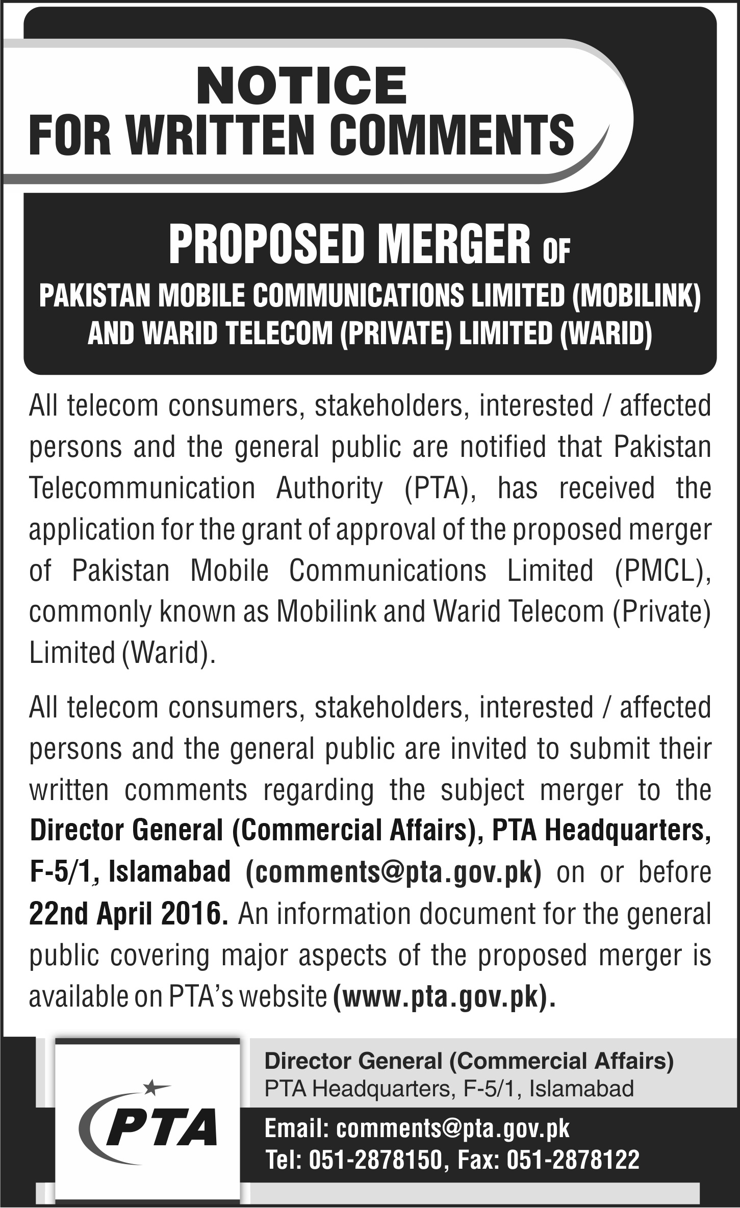 Proposed merger of Pakistan mobile comunications limited (mobilink) and warid telecom (private) limited (warid)m