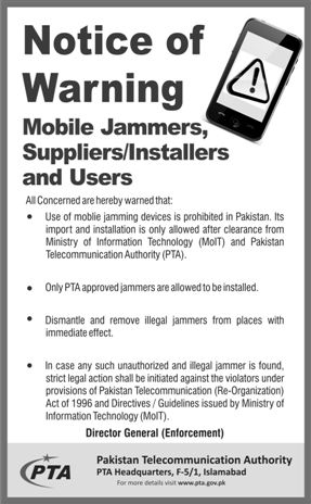 Notice of Warning - Mobile Jammers, Suppliers / Installers and Users