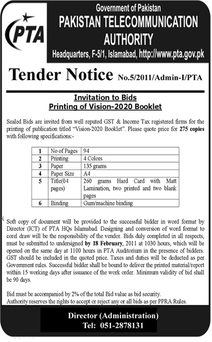Tender Notice for Invitation to Bids for Printing of Vision-2020 Booklet