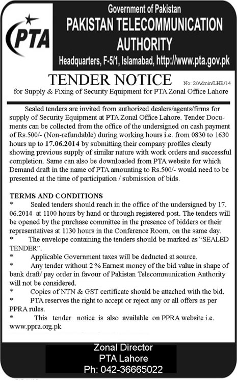 Tender Notice - Supply & Fixing of Security Equipment for PTA Zonal Office Lahore