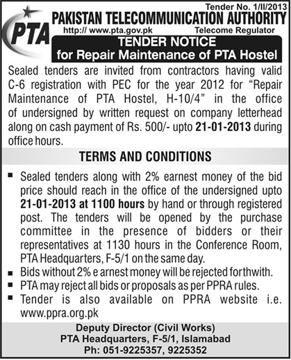 Tender Notice for Repair Maintenance of PTA Hostel, H-10/4