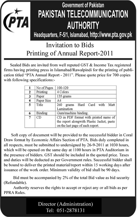 Tender Notice of Invitation to Bids For Printing of Annual Report 2011