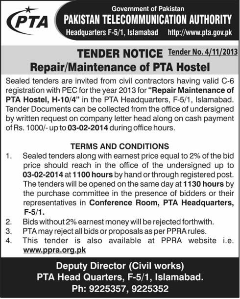 Tender Notice for Repair/Maintenance of PTA Hostel