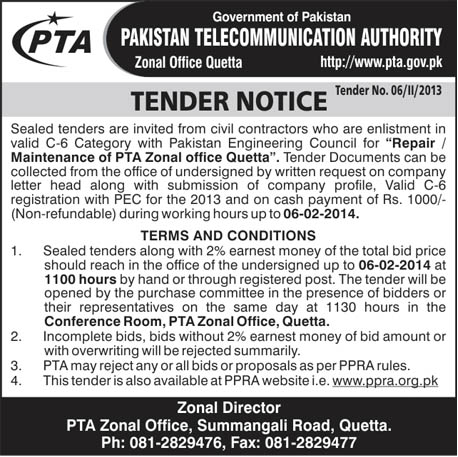 Tender Notice for Repair/Maintenance of PTA Zonal Office Quetta