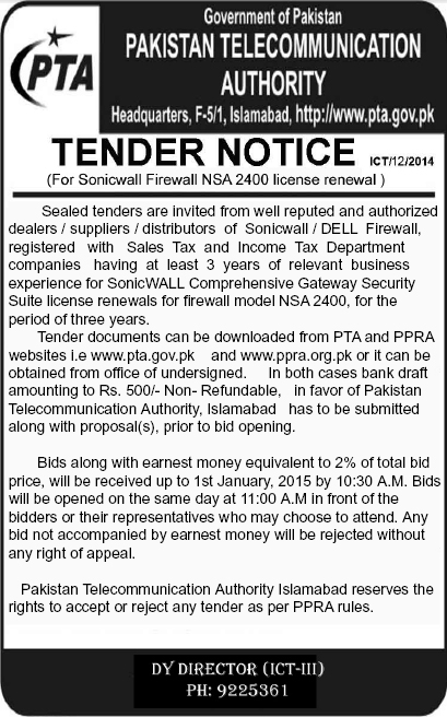 Tender Notice For Sonicwall Firewall NSA 2400 License Renewal