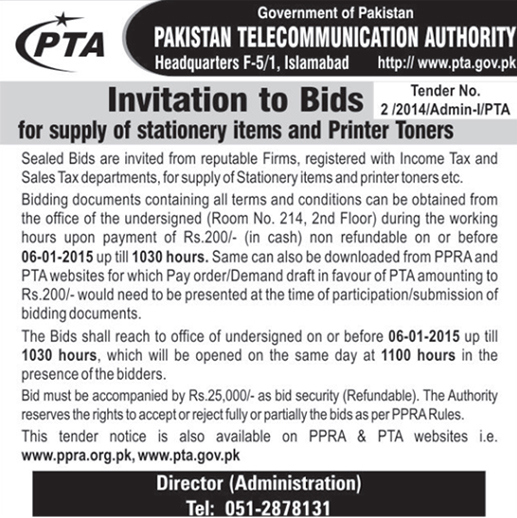 Tender Document for Invitation to Bids for Supply of Stationery Items and Printer Toners