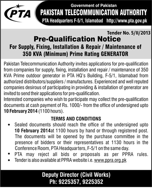 Pre-Qualification Notice for Supply, Fixing, Installation & Repair/Maintenance of 350 KVA Generator