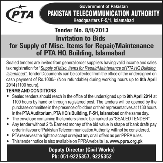 Tender Notice for the Supply of Misc Items for Repair/Maintenance of PTA HQ, Islamabad