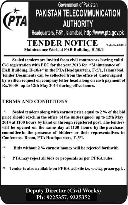 Tender Notice for Maintenance Work at FAB Building, H-10/4