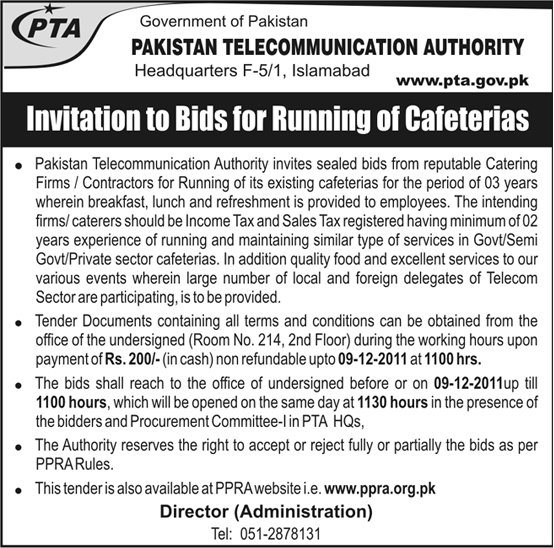 Tender Notice for Invitation to Bids for Running of Cafeterias