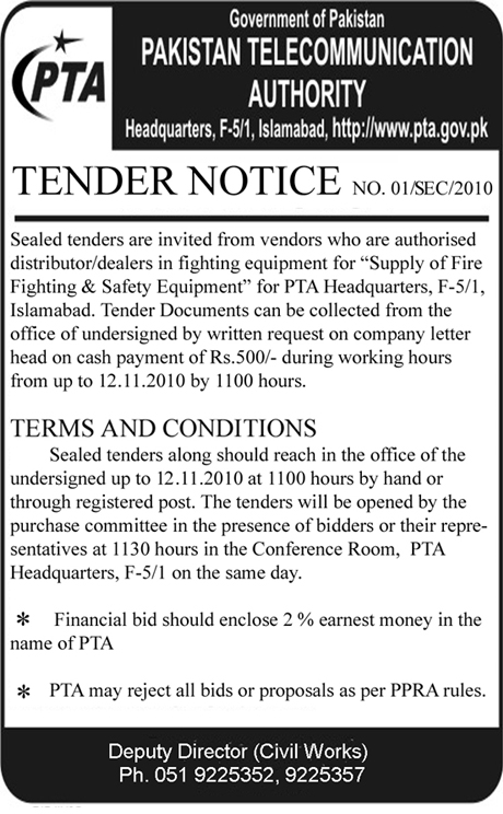 Tender Notice - Supply of Fire Fighting & Safety Equipment