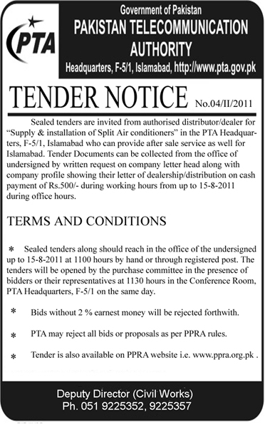 Tender Notice for Supply & Installation of Split Air Conditioners