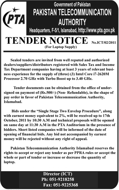 Tender Notice for Supply of Three Intel Core i7 laptops