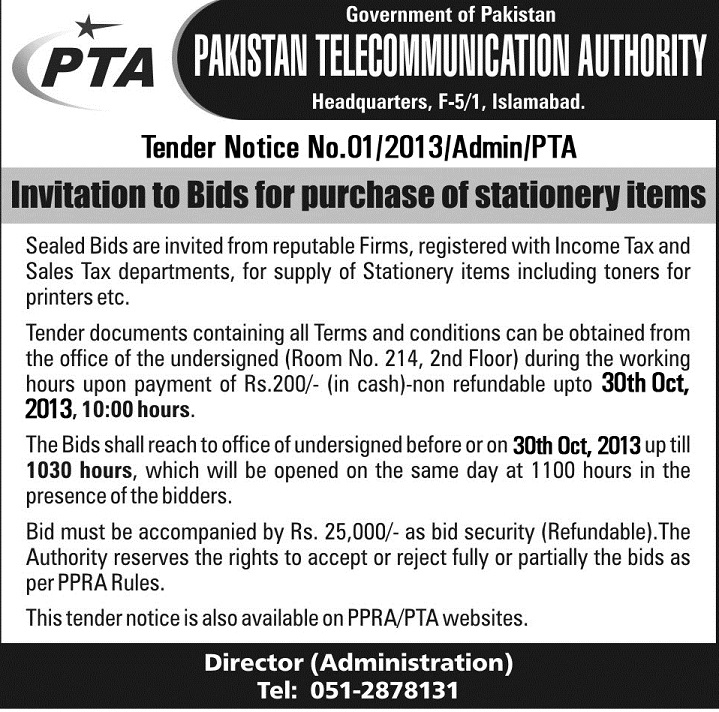 Tender Notice for Purchase of Stationery Items