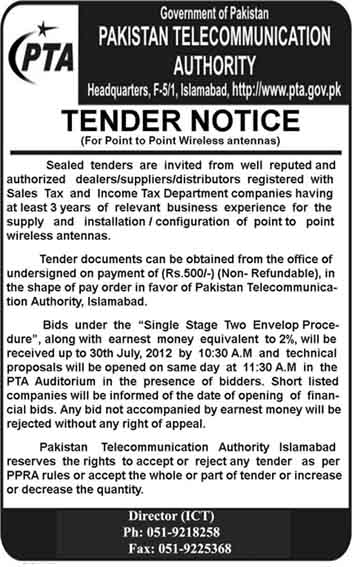 Tender Notice for Supply of Point to Point Wireless Antennas